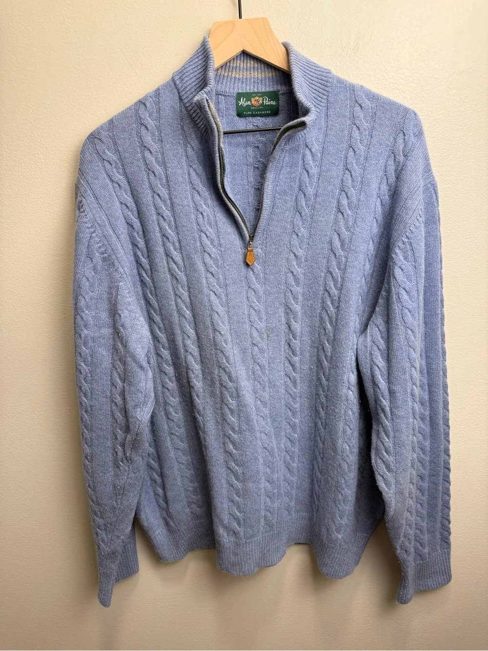 Alan Paine Light Blue Cable-Knit V-Neck Quarter-Zip Golf Sweater 100% Cashmere